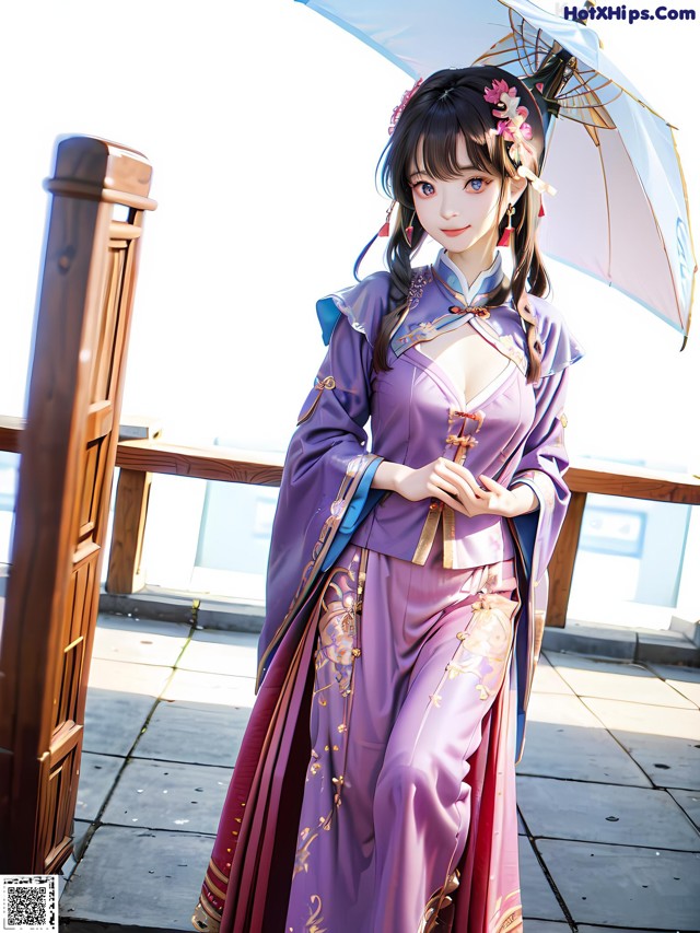 A woman in a purple dress holding an umbrella.